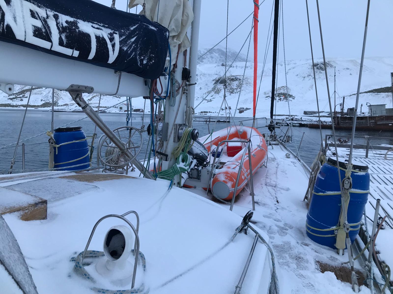 Snow falling on the deck at Grytviken, South Georgia.